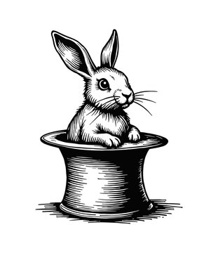 recommend clip art: rabbit on magic top hat engraving black and white outline