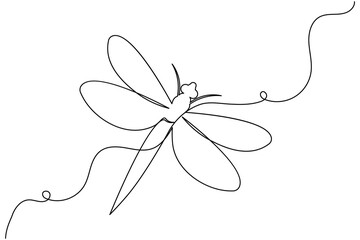 Dragonfly one line art drawing and insect minimalist style isolate outline vector illustration