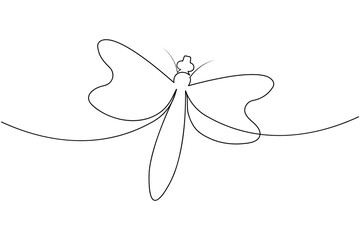 Dragonfly one line art drawing and insect minimalist style isolate outline vector illustration