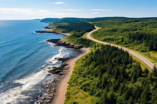 Aerial view of the cabot trail highway winding along the coast of cape breton highlands national park in nova scotia, canada