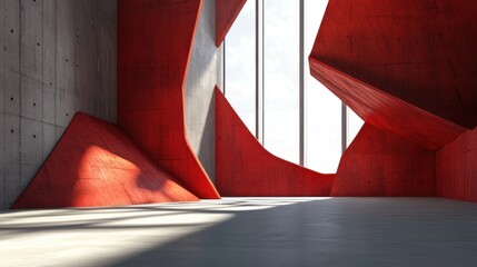 Red concrete interior design, skyscraper view, sunlight