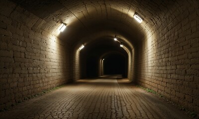 dimly lit underground tunnel with arched brick walls and moody lighting creates a mysterious and...