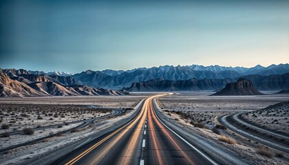 Fototapeta premium highway leading to distant mountains under a clear blue sky, symbolizing adventure, freedom, and limitless possibilities