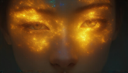 A close up of a person's face with glowing eyes.
