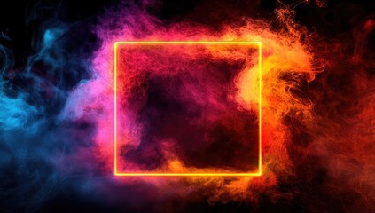 Abstract illuminated neon square frame surrounded by colorful smoke on a dark background,