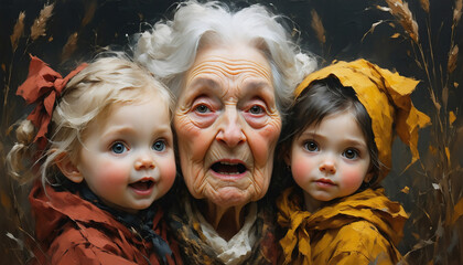 A hyper-realistic portrait of an elderly woman and two young children.