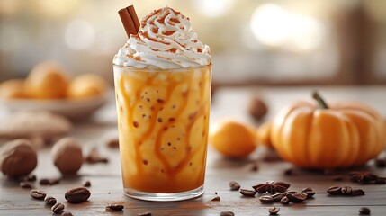 Iced pumpkin spice latte with whipped cream and cinnamon.