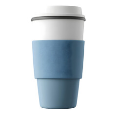 Close-up shot of a modern reusable coffee cup with a blue silicone sleeve and white lid on a white background