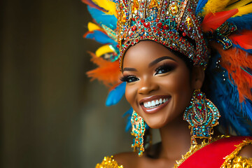 Fototapeta premium Woman in colorful costume smiles with feathered headpiece