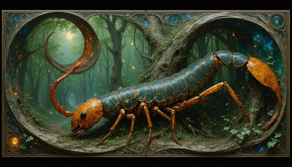 A detailed artwork of a large, ornate scorpion in a forest setting.