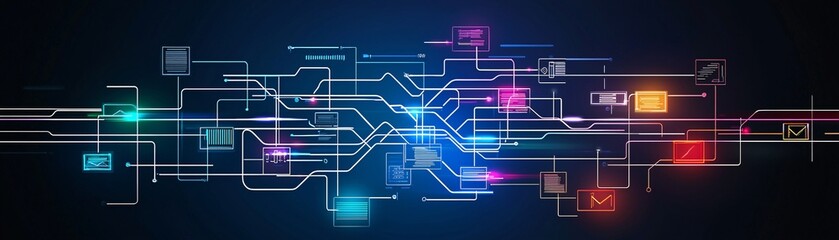 Obraz premium information processing flowcharts, futuristic digital grids, glowing data streams, vibrant highlights, sharp edges, ultra-modern workflow aesthetic, clean and highly professional composition
