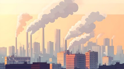 Smoky silhouettes of a city skyline against a vibrant sunset backdrop