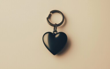 A black matte heart-shaped keychain placed on a pastel cream surface for a minimalist design for Valentines Day and 8 March