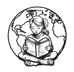 student girl with reading book in the hands. logo