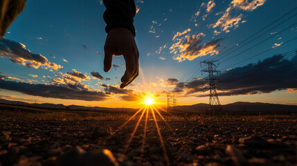 hand reaching towards sunset over power grid, with dramatic clouds and vibrant colors