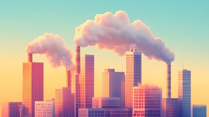Fototapeta premium Smoky silhouettes of a city skyline against a vibrant sunset backdrop