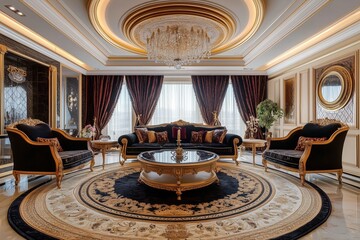 Luxurious Traditional interior design style living room featuring elegant black and gold furniture, a large chandelier, and ornate decor. The space is well-lit with large windows and rich drapery.