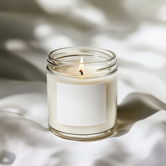 Clear glass jar candle mockup, scented candle jar with blank white label, styled interior candle design template
