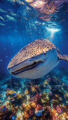 Fototapeta premium Majestic Whale Shark Gracefully Swimming Over a Colorful Coral Reef in Crystal Clear Ocean Water