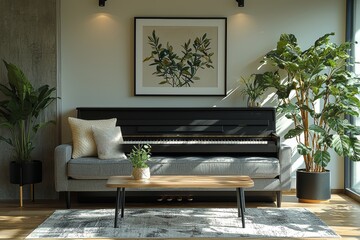 A minimalist Scandinavian living room design with a style sofa and elegant blanket, a coffee table, and bookstand on a white wall. The room has brown wooden parquet floors and a piano. Mock-up