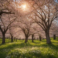 Fototapeta premium A serene spring field under a bright sunny day, with blooming trees and cherry blossoms gently swaying in the breeze. 