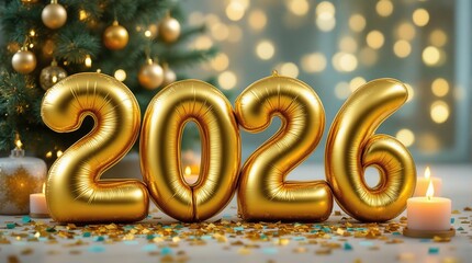 Golden year 2026 balloons in a festive setting with sparkling lights, candles, and a Christmas tree, creating a celebratory New Year atmosphere.