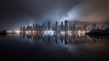 Fototapeta premium city skyline at night with illuminated buildings reflecting on water, creating serene atmosphere