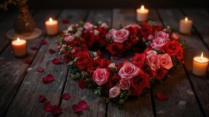 Obraz premium Heart-Shaped Rose Arrangement on Wooden Table with Candles and Petals