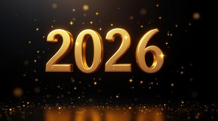 Golden year 2026 numbers displayed in a glamorous style, surrounded by shimmering stars and sparkles, set against a sleek black background for a luxurious and celebratory feel