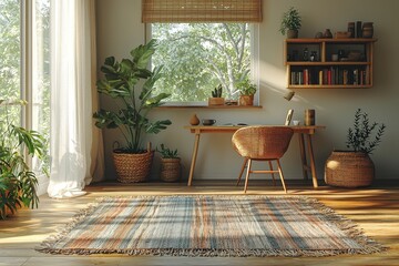 The sleek Scandinavian living space includes a custom wooden desk, a bamboo bookstand with accessories, and a variety of books and potted plants. The spacious open area merges with the living room
