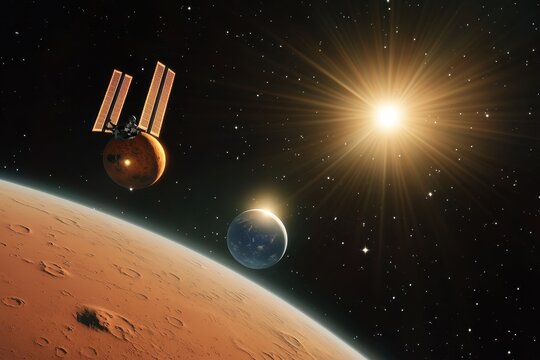 Mars Space Station Orbiting Earth Sunrise - Powered by Adobe