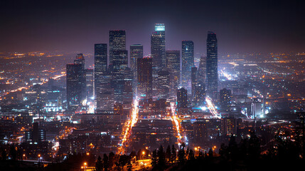 Obraz premium vibrant city skyline at night, showcasing illuminated skyscrapers and bustling streets. scene captures energy and beauty of urban life