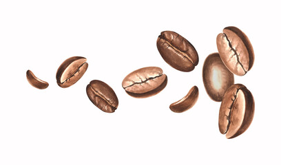 Composition from roasted coffee beans. Watercolor hand drawn illustrations isolated. Harvest of tropical plantation. Ingredients for aromatic drink. Clipart of Arabica grains for packaging, cafe, card