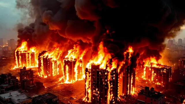 Massive Urban Fire Engulfing Multiple Buildings with Dark Smoke in a Cityscape