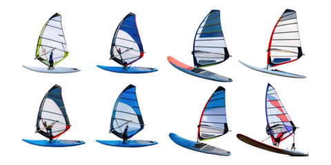 Colorful Windsurfing Action by the Sea, PNG set collection, isolated on transparent background