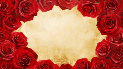 Red Roses Frame Gold Background Romantic Floral Design