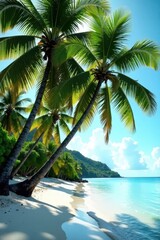 Fototapeta premium Sun-drenched coconut palms leaning over tranquil Caribbean waters , coconut palm, sun