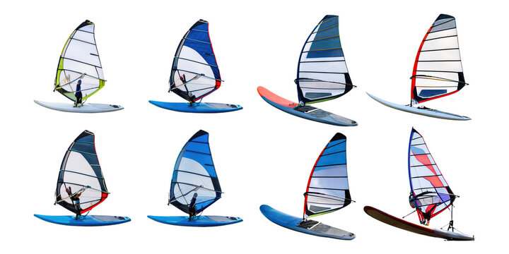Colorful Windsurfing Action by the Sea, PNG set collection, isolated on transparent background