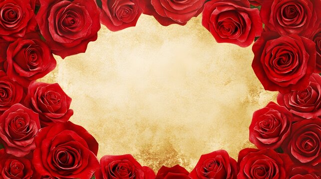 Red Roses Frame Gold Background Romantic Floral Design