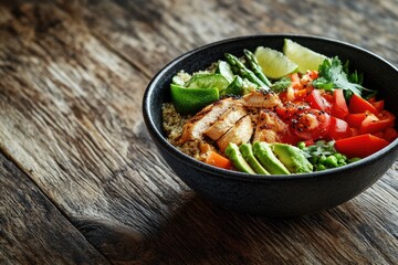 Bowl of chicken, quinoa, and vegetables on a wooden table with copy space for text or design. Top view food concept