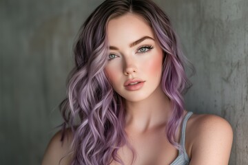 Naklejka premium A portrait of a young woman with long, wavy lavender hair and striking features. She has a soft expression and is wearing a light gray tank top against a textured background.