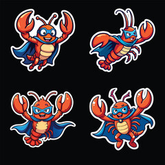 Naklejka premium Four adorable cartoon lobsters in superhero poses, wearing capes and goggles, flying against a solid black background