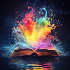 A book with colorful smoke and water splashing out It represents the wonderful world created by reading. Colors should be bright and contrast with the background