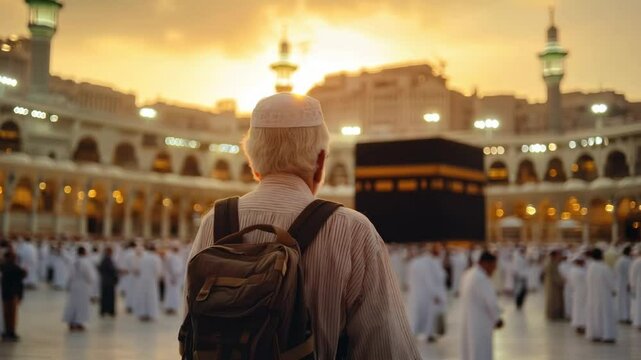 A Serene Scene of Devotion in Mecca with the Holy Kaaba Against a Sunset Backdrop