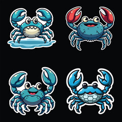 Fototapeta premium This set of four cartoon blue crabs features adorable designs with large eyes and happy expressions