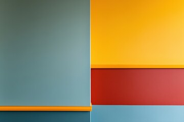 Obraz premium A modern interior featuring a geometric arrangement of colorful walls in teal, yellow, and red, with contrasting horizontal stripes.