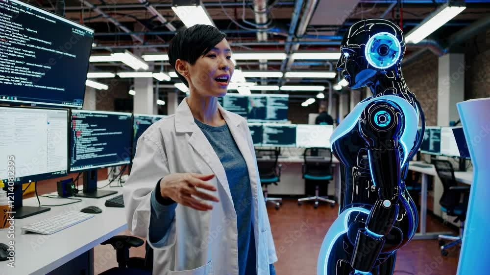 Poster expert explains robotics and artificial intelligence in a modern tech lab environment