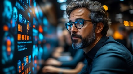 Focused man analyzing data on screen.