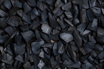 Black charcoal pieces arranged randomly, showcasing their textured surfaces and varying shapes. The image highlights the dark tones and natural patterns of the charcoal.