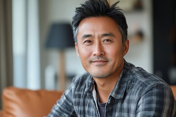 Obraz premium portrait of Asian softly smiling man is 40 years old in shirt at home